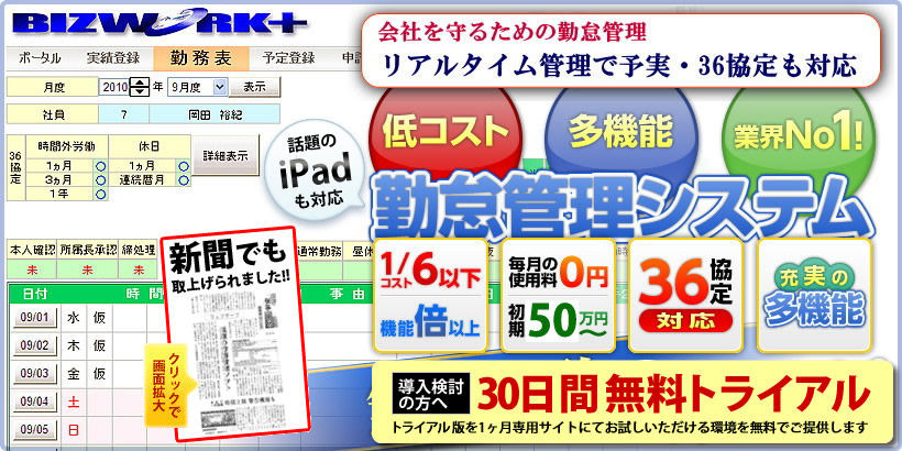 「BIZWORK」給与計算を自動化したい企業様「低コスト」「多機能」「業界No.1」勤怠管理システム［コスト1/6以下］［毎月の使用料0円］［初期20万円〜］［36協定対応］［充実の多機能］無料体験実施中！
