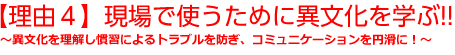 【理由４】現場で使うために異文化を学ぶ!!～異文化を理解し慣習によるトラブルを防ぎ、コミュニケーションを円滑に！～