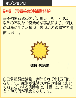 「オプションD」破損・汚損等危険補償特約　基本補償およびオプション（A）〜（C）以外の不測かつ突発的な事故により、保険の対象に生じた破損・汚損などを補償します。「破損・汚損等」「水道管凍結による破損等」自己負担額は建物・家財それぞれ1万円となります。家財が保険の対象においてお支払いする保険金は、1個または1組ごとに30万円が限度となります。