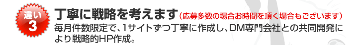 違い3 丁寧に戦略を考えます 毎月件数限定で、1サイトずつ丁寧に作成し、ダイレクトメール専門会社との共同開発により戦略的ホームページ作成